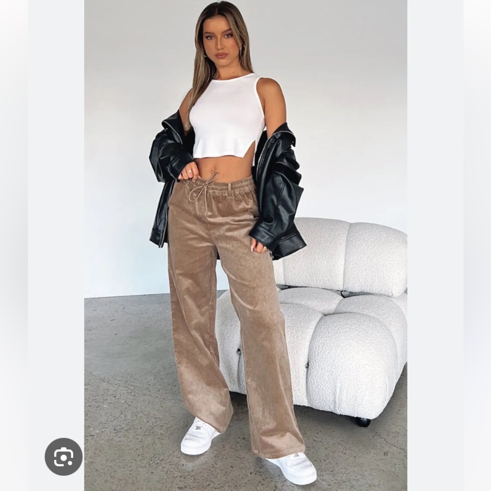 White Fox Boutique Tan & Forest green Corduroy Wide Leg Pants